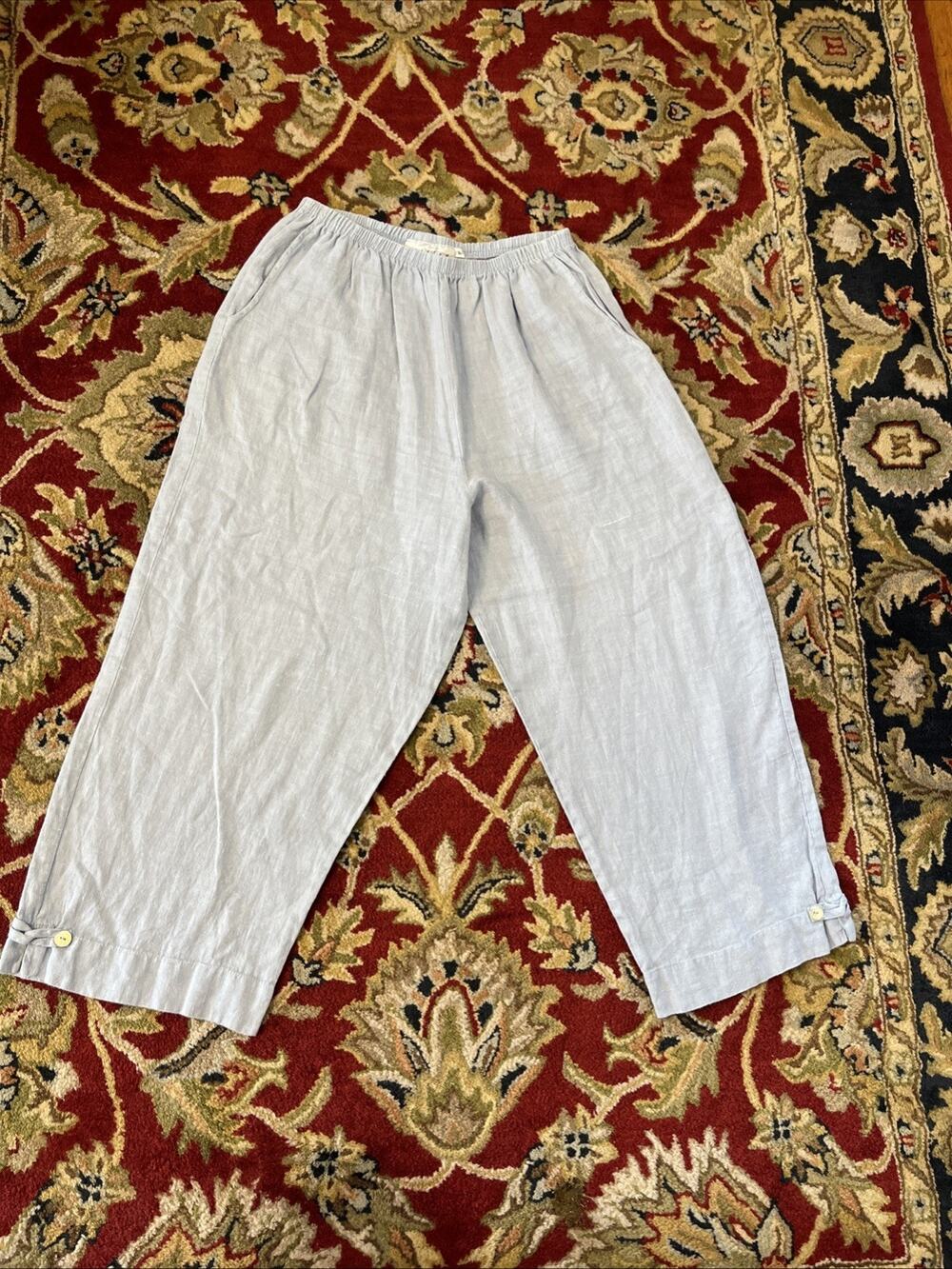 Willow L 100% Linen Elastic Waist Pull On Wide Leg Crop Pant Coastal Lagenlook
